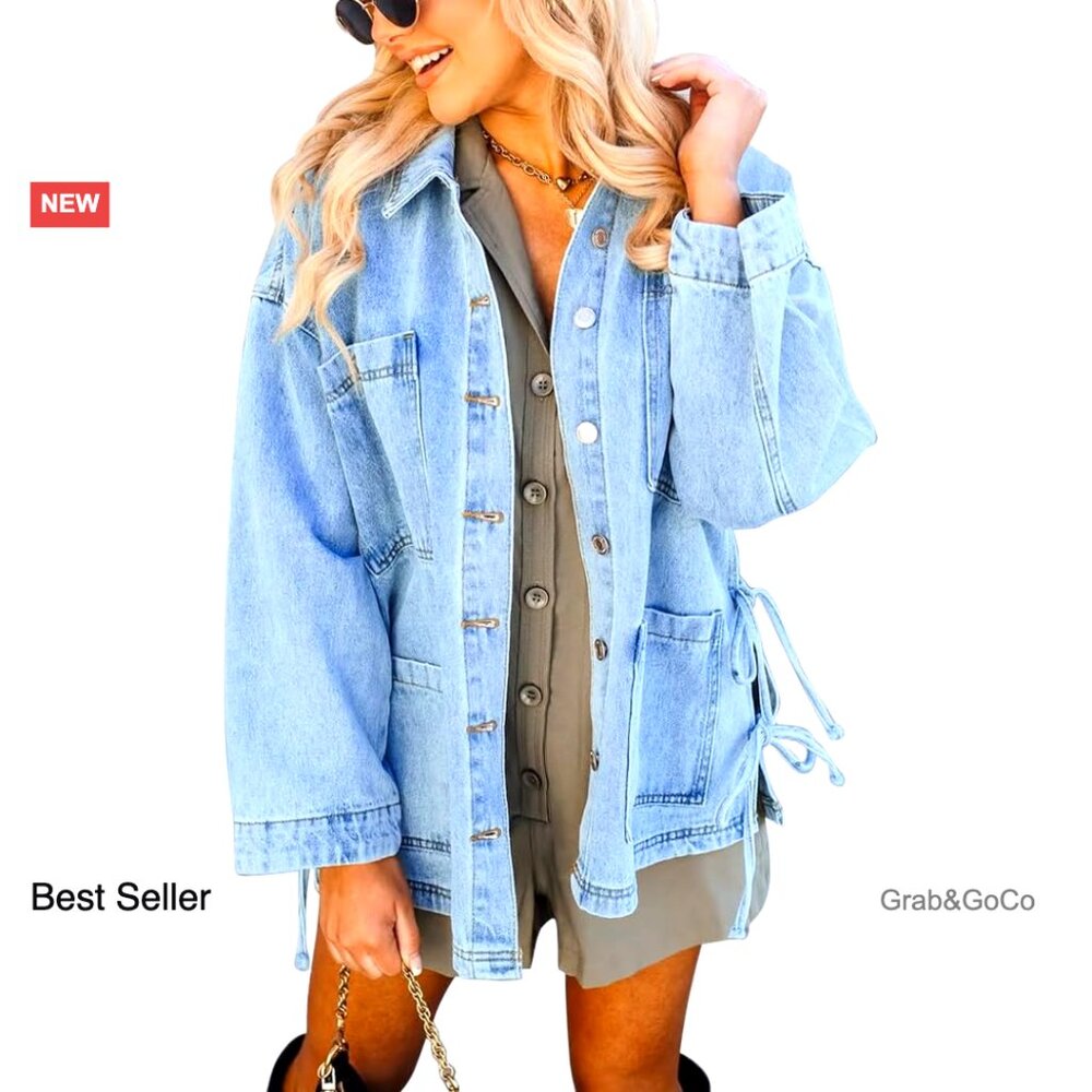 Oversized Denim Jacket Side Tie Bow Detail Boho Chic Drop Shoulder Boyfriend Fit